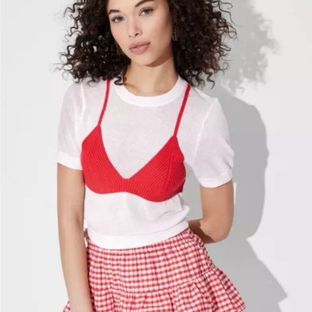 Wild Fable Sheer Crop Tops with Ribbed Bralette in Cream and Red